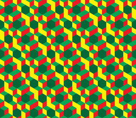 Isometric seamless vector pattern in Escher style. Bright geometric ornament of cubic building blocks with yellow, green and red surfaces. Illusion of volume. Modern 3d print of urban labyrinth.