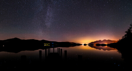 A panoramic nightscape from Ashness Jetty on Derwent water in the Lake District