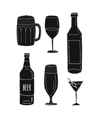 Sticker - Vector set bundle of black hand drawn doodle sketch different alcohol bottles and glasses isolated on white background