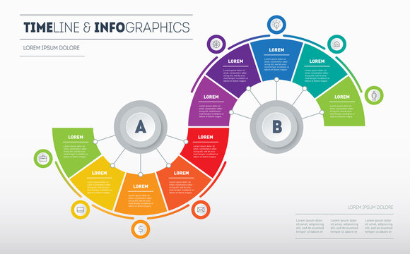 Infographic consisting of 10 parts divided into 2 segments (A and B) of 5 parts. Business presentation concept with 10 options. Diagram of technology or education process with ten steps.