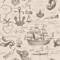 Vector abstract seamless pattern on the theme of travel, adventure and discovery. Vintage repeating background with hand-drawn sailboats, map, anchors and sea monsters.