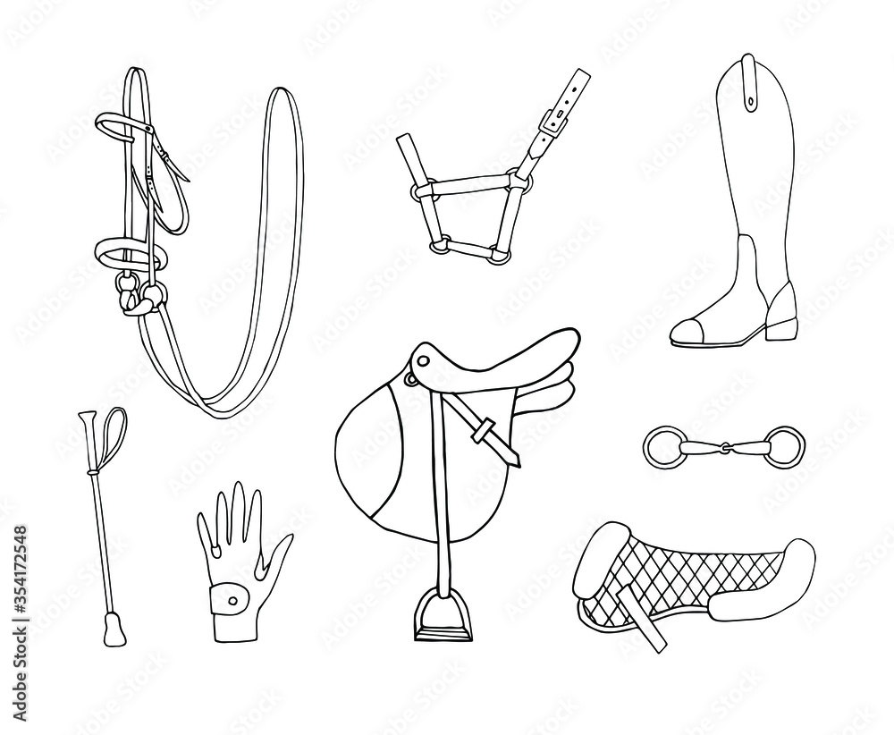 Vector set bundle of hand drawn doodle sketch equestrian horse riding ...