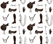 Vector seamless pattern of black hand drawn doodle sketch equestrian horse riding equipment isolated on white background