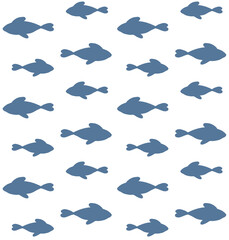 Wall Mural - Vector seamless pattern of blue doodle sketch fish silhouette isolated on white background