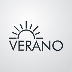 Sticker - Concepto de vacaciones y viajes. Logotipo lineal sol con texto VERANO en fondo gris