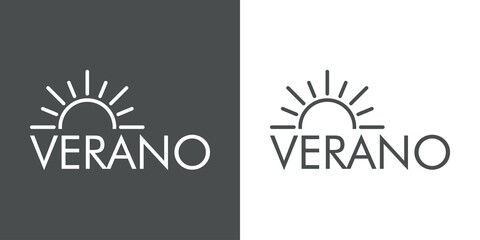 Sticker - Concepto de vacaciones y viajes. Logotipo lineal sol con texto VERANO en fondo gris y fondo blanco