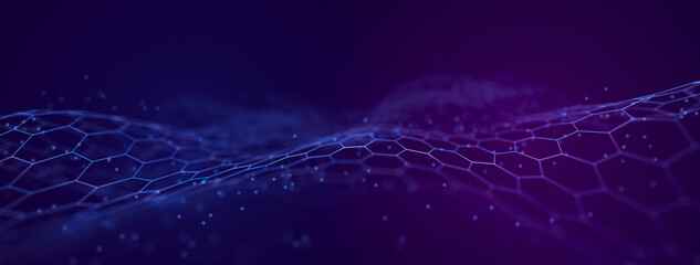 Fototapete - Big data visualization. The musical stream of sounds. Abstract background with interweaving of dots . 3D rendering.