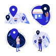 Simple flat cartoon illustrations set. Showing map, store locator and young man looking on mobile phone to find location.