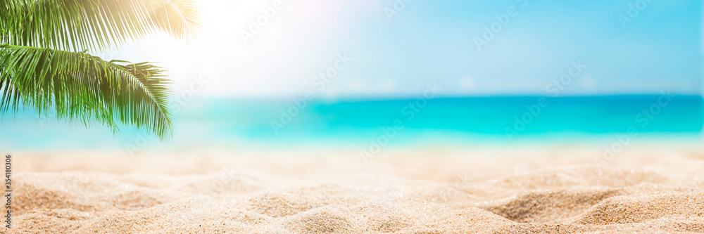 Sunny tropical beach with palm trees and turquoise water, Caribbean island vacation, hot summer day - obrazy, fototapety, plakaty 