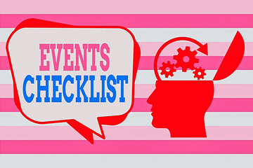 Fototapete - Text sign showing Events Checklist. Business photo showcasing invaluable tool for successfully managing your affair Hu analysis Head Silhouette Topside Open with Gears and Blank Halftone Bubble