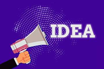 Poster - Handwriting text Idea. Conceptual photo impression that tries to portray the overarching scope or outline Male Hu analysis Hand Holding Gripping a Megaphone on Dotted Halftone Pattern