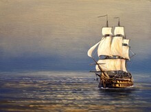 Oil Paintings Sea Landscape, Sailing Ship In The Sea