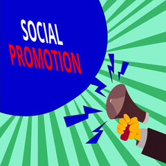 Poster - Text sign showing Social Promotion. Business photo text promoting a child to the next level regardless of skill Male Hu analysis Hand Holding Megaphone Shouting Yelling and Blank Speech Bubble