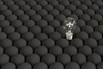 Wall Mural - Outstanding Light bulb on floating among black light bulbs from top view. Creative Concept idea. 3D Render.