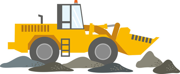 Construction machinery: yellow bulldozer isolated on a white background. The work of a tractor excavator at a construction site, in a quarry. Flat infographics. Vector illustration.