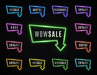 Wall Mural - retro sale neon sign set on transparent background. color light glowing arrow pointer with discount 