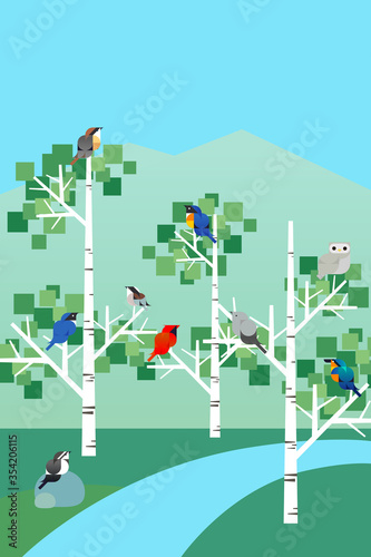 夏の鳥たちのいる涼しい木陰の風景 幾何学フラットなベクターイラスト 季節シリーズの夏 Vector De Stock Adobe Stock