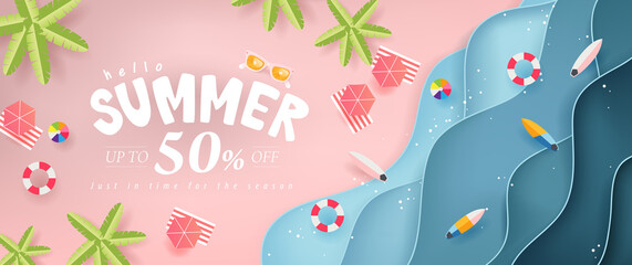 Summer sale design with paper cut tropical beach bright Color background layout banners .Orange sunglasses concept.voucher discount.Vector illustration template.