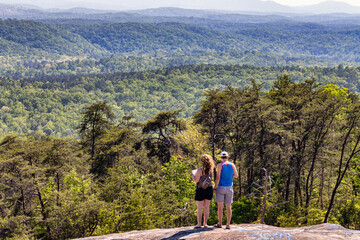 couple looking out over forest and mountains