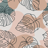 Tropical Monstera Leaves Seamless Pattern. Vector floral background in a trendy minimalistic linear style
