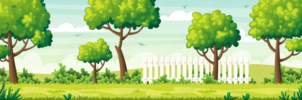 Summer garden landscape with fence. Vector illustration with separate layers. - obrazy, fototapety, plakaty 