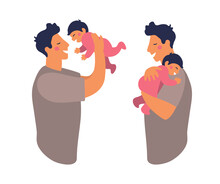 A Father Hugs And Takes Care Of His Child. Cute Daddy Is Playing With His Son. Happy Dad Holds Daughter In His Arms And Smiles. Flat Vector Illustration Isolated On White Background