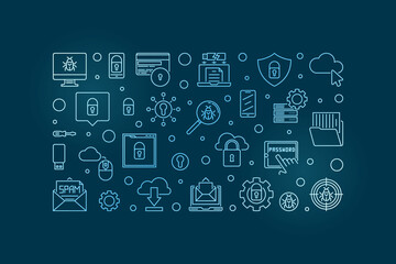 Poster - Cybersecurity vector concept blue outline horizontal banner or illustration on dark background