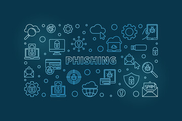 Poster - Phishing vector concept linear blue modern horizontal illustration or banner on dark background
