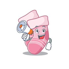 Sticker - Mascot design of baby socks announcing new products on a megaphone