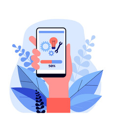 Poster - Smartphone app installation. Half loaded, phone settings, device screen flat vector illustration. Application, maintenance concept for banner, website design or landing web page