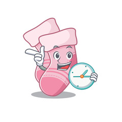 Poster - mascot design style of baby socks standing with holding a clock