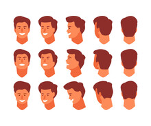Man Head View From Different Angles. Face Front, Side, Top, Bottom, Back. Animation And Rotation Vector Template