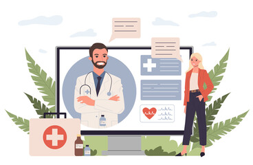 Patient consulting doctor online. Woman talking to physician through video call flat illustration. Healthcare, internet, communication concept for banner, website design or landing web page