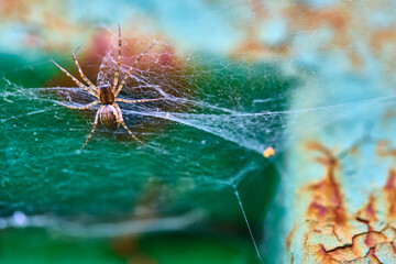 Spider sits on a web macro general plan color