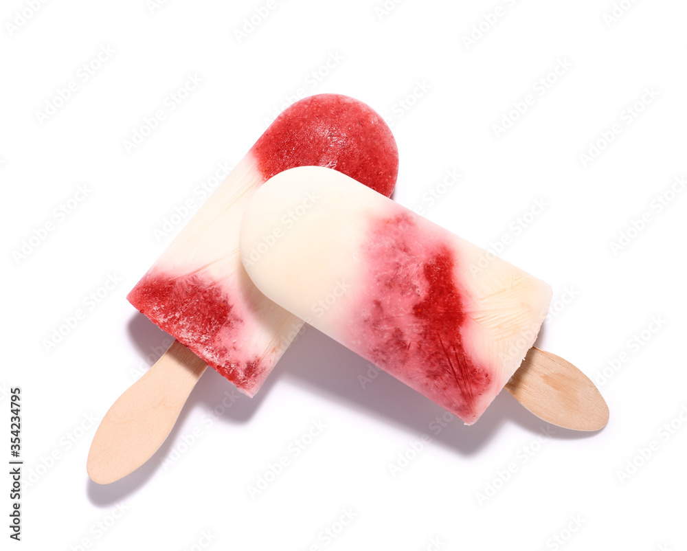 Tasty strawberry ice cream on white background