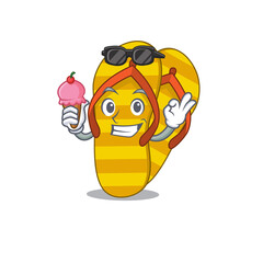 Sticker - A cartoon drawing of flip flops holding cone ice cream