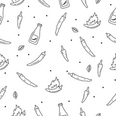 Chili doodle seamless pattern in black and white design suitable for background 