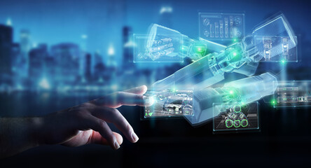 Poster - Man hand holding and touching green renewable energy battery 3D rendering