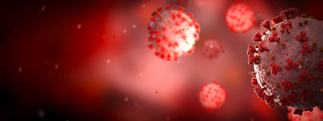 Poster - Microscopic close-up of the covid-19 disease. Coronavirus illness spreading in body cell. 2019-nCoV analysis on microscope level 3D rendering