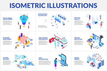 Poster - Isometric 3d illustrations set. Medical, sales funnel, online education, green energy and business investment with characters