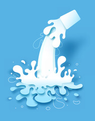 Blue liquid dropping on blue background, paper art paper cutting style. Milk, water. Vector illustartion