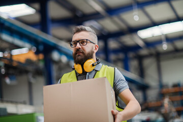 Wall Mural - Man worker working in industrial factory or warehouse, carrying box.