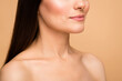 © deagreez - Closeup cropped profile photo of latin naked lady presenting natural beauty no makeup showing perfect pouted allure lips isolated beige pastel color background