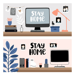Poster - Remote work at home. Vector illustration family photo, cat, lamp, documents and branches in workplace with slogan stay at home on gray and pink background