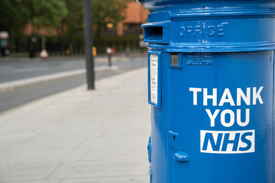 A Blue thank you NHS Postbox outside St Thomas Hospital in London