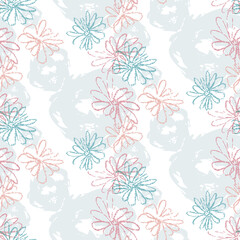Fototapeta Seamless pattern modern romance design. Translucent print with pastel flowers and ink splashes. Watercolor effect. Suitable for bed linen, napkins, bandanna and fashion industry.