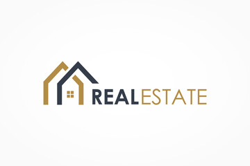 Poster - Real Estate Logo. Gold and Blue House Symbol Geometric Linear Style isolated on White Background. Usable for Construction Architecture Building Logo Design Template Element.