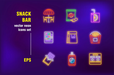 Aufkleber - Snack bar neon signs set. Outdoor cafe, takeaway food, coffee to go, snack machine, package, fast food. Night bright advertising. Vector illustration in neon style for banners, posters, flyers design