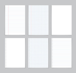 Poster - Paper sheet from notebook. White page from notepad with blue and red lines. Notepaper for note in school with grid. Blank letters isolated on gray background. Template for memos, list, diary. Vector