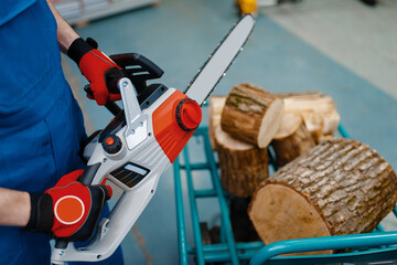 Wall Mural - Worker in uniform testing chainsaw in tool store